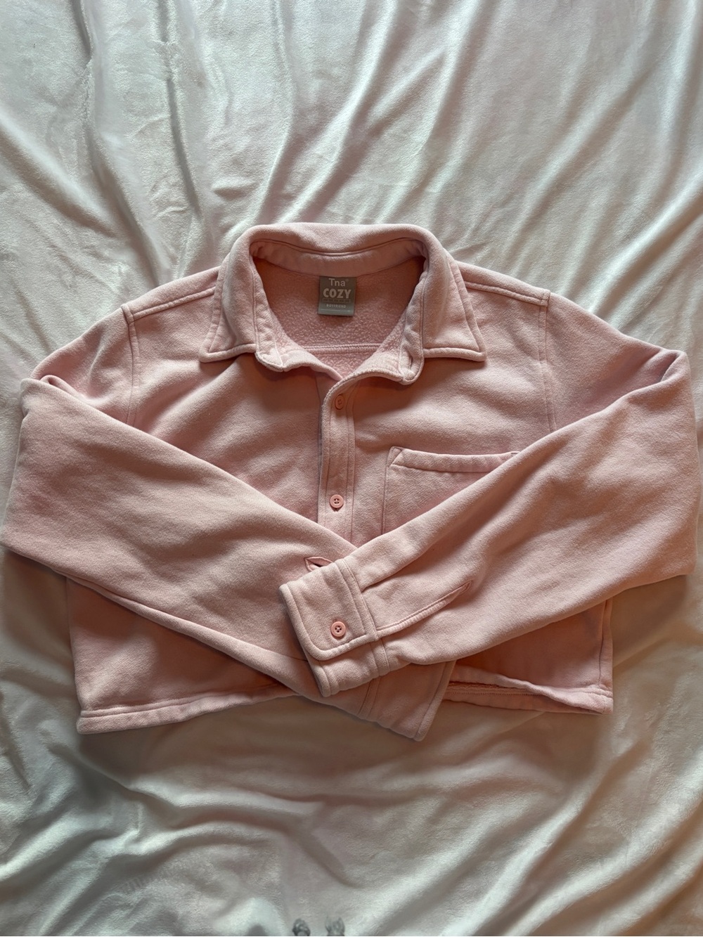 Aritzia TNA Cozy Fleece Boyfriend Button up Cropped Pink Sweater